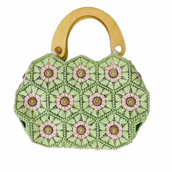 Summer Beach Cottage Straw Button Handbag Flower Lime Pink Wood Handles Purse - Picture 1 of 13
